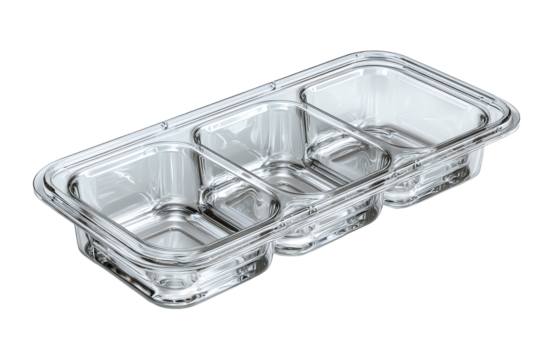 Clear plastic tray with three compartments, white isolate background