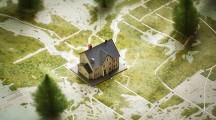 A miniature model of a house on a map with trees in the background.