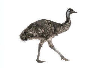 A young emu strides across a white background, showcasing its soft, dark gray feathers.