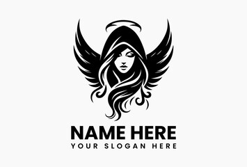 Stylized Hooded Winged Woman Vector Graphic. Mysterious Angelic Vector Logo Design