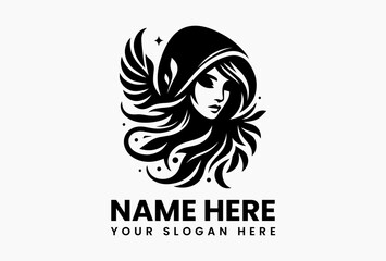 Monochrome Hooded Winged Woman Illustration. Minimalist Spiritual Art Vector Logo