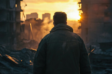 Obraz premium a man in a jacket stands in a city destroyed by war or a disaster at dawn, a view from the back.