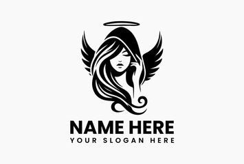 Detailed Hooded Winged Woman Silhouette. Mystical Female Vector Logo Motif