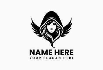 Obraz premium Detailed Hooded Winged Woman Silhouette. Mystical Female Vector Logo Motif