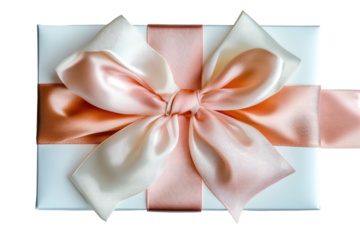 Elegant gift box with a large, peach and cream satin ribbon bow