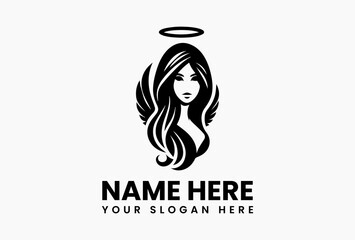 Detailed Hooded Winged Woman Silhouette. Mystical Female Vector Logo Motif