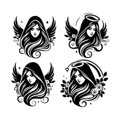 Detailed Hooded Winged Woman Silhouette. Mystical Female Vector Logo Motif