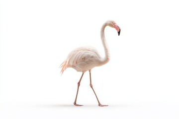 Obraz premium A graceful flamingo stands against a white background, its pink plumage and long legs elegantly displayed.