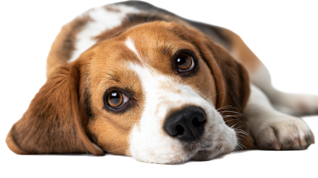 Beagle lying on a transparent background with a calm expression