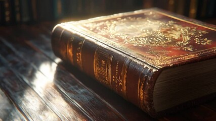 An ornate book with golden embossing rests on a polished wooden surface under soft light in a cozy library atmosphere - Powered by Adobe