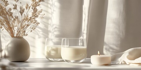 A beautiful serene setting featuring two glass candles and a simple vase with dried flowers. Soft natural light enhances the peaceful atmosphere. Ideal for home decor inspiration. AI
