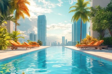 Obraz premium Serene Tropical Poolside Oasis with Urban Skyline View