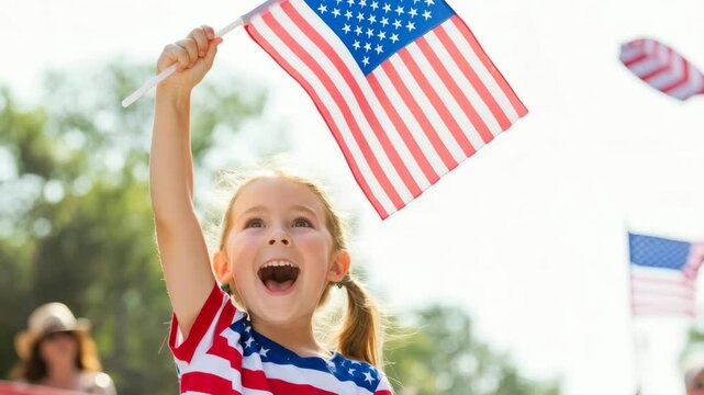 Joyful celebration with kids waving american flags outdoors on a sunny day