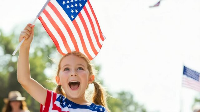 Joyful child celebrating independence day with american flag at outdoor parade