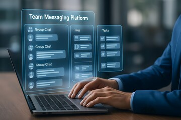 A businessman sits at a desk, using a laptop to interact with a futuristic holographic team messaging platform. The interface showcases group chat, files, and tasks.