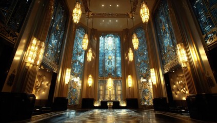 Obraz premium Grand Art Deco hall with tall stained glass windows, golden lighting, intricate patterns, and luxurious architectural details.