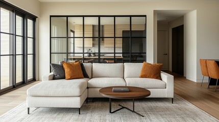 Fototapeta premium Motorized glass walls create dynamic space in modern home living room open concept design contemporary environment