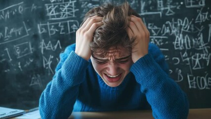 A student guy experiences frustration while trying to understand difficult math topics in a classroom filled with equations and notes - Powered by Adobe