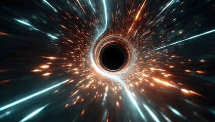 Obraz premium A swirling tunnel of bright lights and particles converges into a dark center, resembling a black hole or wormhole in deep space.