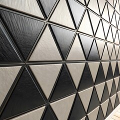 &ldquo;Modern 3D wall design with repeating black and metallic triangle tiles.&rdquo;


