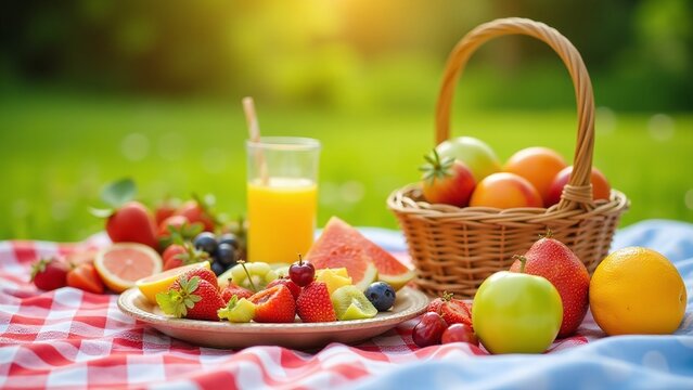 Fresh fruits, outdoor picnic, sunny day, summer meal, vibrant colors, outdoor dining