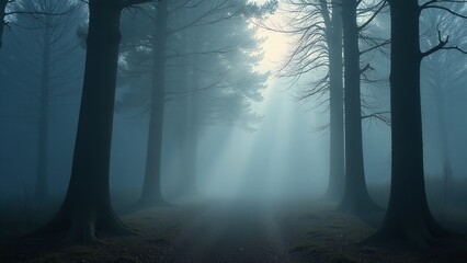 Naklejka premium Trees in foggy landscape, mysterious atmosphere, soft light, hidden forest, atmospheric scene, nature