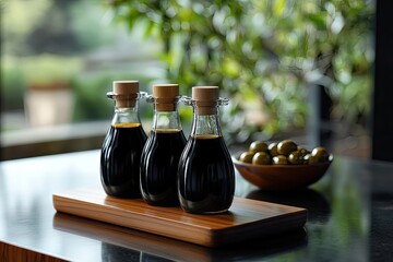 Three dark, viscous bottles with cork stoppers rest on a wooden tray alongside a bowl of olives, set against a blurred green background
