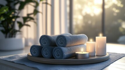 A serene bathroom scene with neatly folded aqua-colored towels