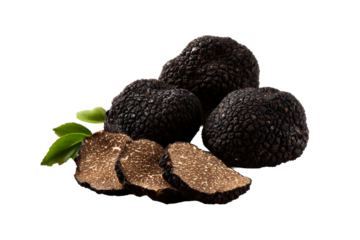 Fresh black truffles with slices on a transparent background