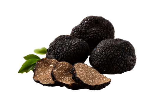 Fresh black truffles with slices on a transparent background