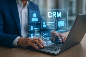 A close-up shot of a man's hands using a laptop computer. A digital CRM interface is overlaid on the screen, showcasing profile icons, lists and communication tools.