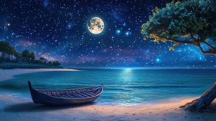 A serene night scene depicting a wooden rowboat resting on the shore
