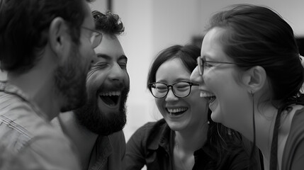 Four people laughing together in a black and white image showing joy and camaraderie in a group