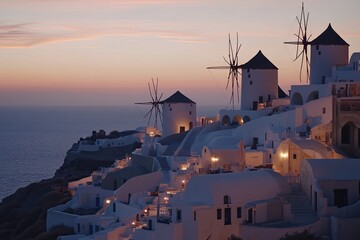 Fototapeta premium Santorini Village with Windmills and White Buildings at Dusk above the Aegean Sea