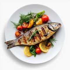 Grilled fish dish with fresh vegetables. 