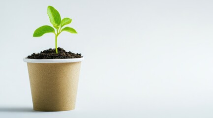 A small sprout emerges from dark soil in a biodegradable cup against a white backdrop (1)