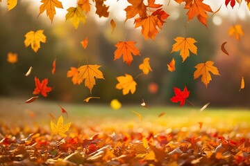 Beautiful display of falling autumn leaves with vibrant colors creating an ideal background for seasonal greetings and events.