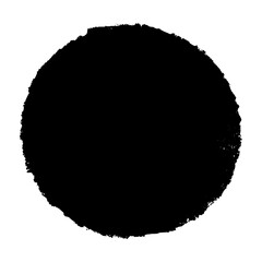 Abstract round brush stroke with rough ink texture and paint splash. Circular stamp shape for graphic design and logos. Flat vector illustration isolated on white background.