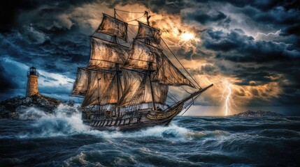 Obraz premium a painting of a pirate ship in the ocean with the sun setting in the background, gothic ship on ocean
