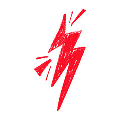 Red Hand draw thunder bolt with zappy doodle lines. Electric lightning flash energy symbol. Flat vector illustration isolated on white background.