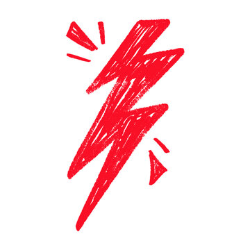 Red Hand draw thunder bolt with zappy doodle lines. Electric lightning flash energy symbol. Flat vector illustration isolated on white background.