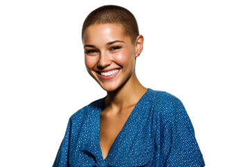 A young woman with a shaved head wears a blue top, smiling brightly