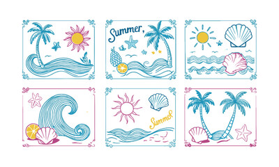 Modern vector-style summer-themed postcards in minimalist line art, easily scalable and editable.