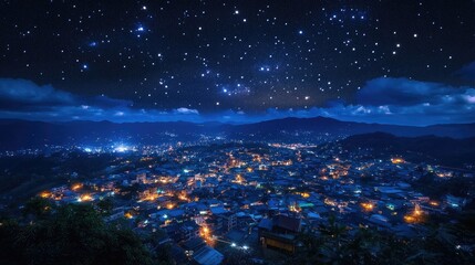 Fototapeta premium Scenic Mountain Village Under Starry Sky at Twilight Illuminating City lights View