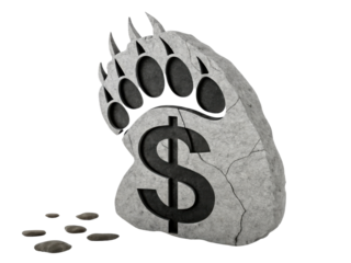 Bear paw print made of stone with dollar sign symbolizes market strength and resilience. This unique design captures essence of financial growth