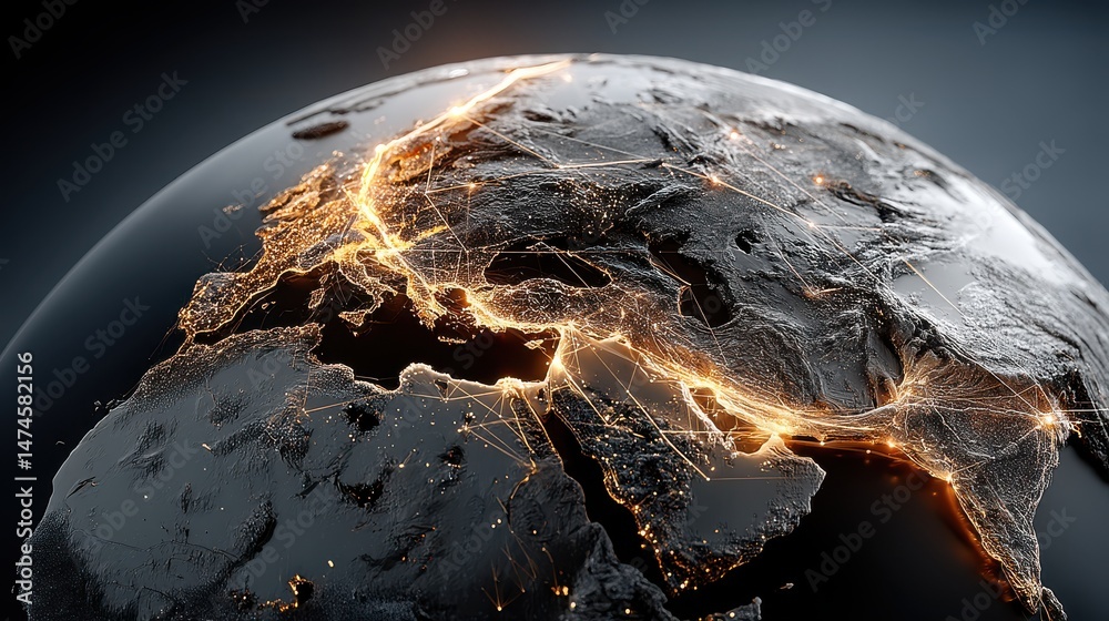Wall mural digital illustration of earth with glowing network connections in a futuristic global technology con