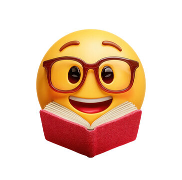 Naklejki Happy Emoji Reading Book with Glasses on Transparent Background. happy emoji reading png, happy emoji reading 3d icon, happy emoji reading icon