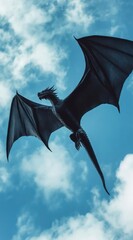 Fantasy black dragon flying in blue cloudy sky.