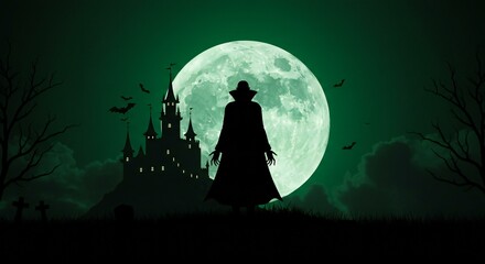 Silhouette of a gothic figure under a large moon.