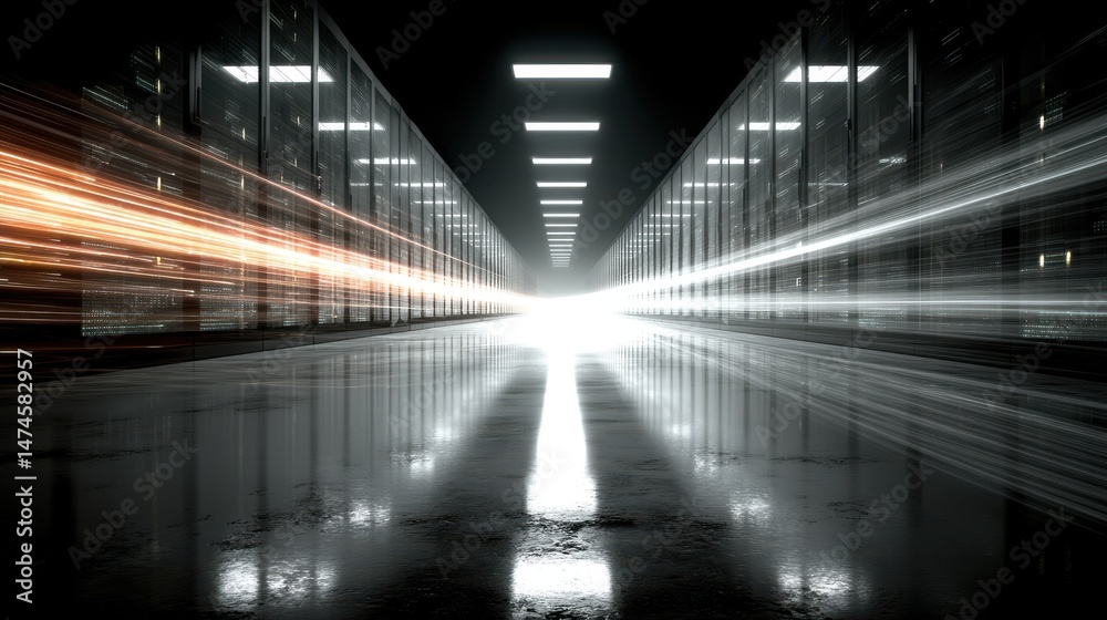 Fototapete digital information travels through fiber optic cables through the network and data servers behind g